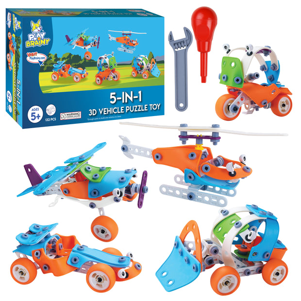 Play Brainy 5-in-1 Stem Building Kit for Kids, 132pc 3D Puzzle and Toy, Mechanical Vehicle Set - Includes Helicopter, Plane, Tractor, Car, and Motorcycle
