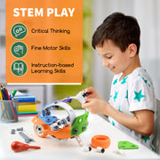 Play Brainy 5-in-1 Stem Building Kit for Kids, 132pc 3D Puzzle and Toy, Mechanical Vehicle Set - Includes Helicopter, Plane, Tractor, Car, and Motorcycle