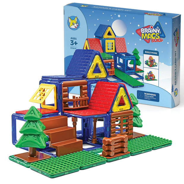 BRAINY MAGS BUILD Kids Building Set - Arthur's Cabin Set  with 76-Piece Magnetic Building Tiles