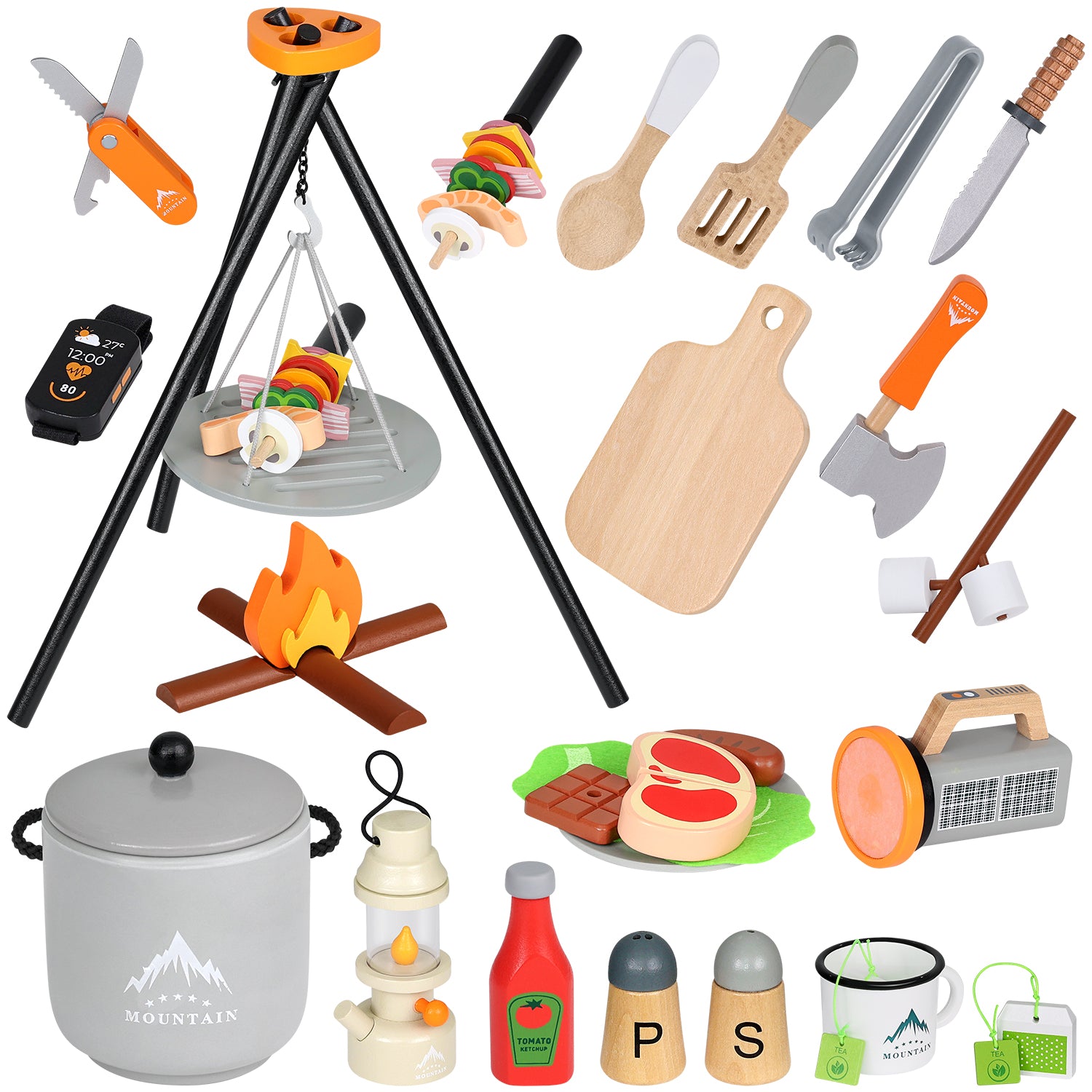 Play Brainy™ Pretend Camping BBQ Toy Set – 45 Pieces (Monstissori Styl