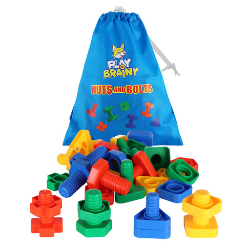 Play Brainy Jumbo 32 Piece Montessori Toy Nuts and Bolts Set for Kids