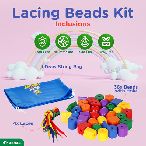 Play Brainy Lacing Beads for Kids - 36-Piece Lacing Beads Kit with Multicolored Polygon Beads and 4 Strings