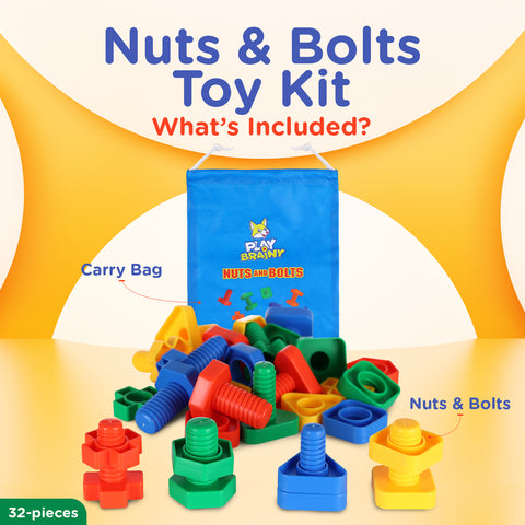 Play Brainy Jumbo 32 Piece Montessori Toy Nuts and Bolts Set for Kids