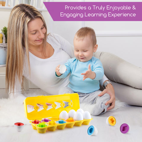 Play Brainy™ Shape and Color Matching Eggs Toy Set – 12 Pieces (Educational STEM Toy for Toddlers and Preschoolers) Great for Color and Shape Recognition Development