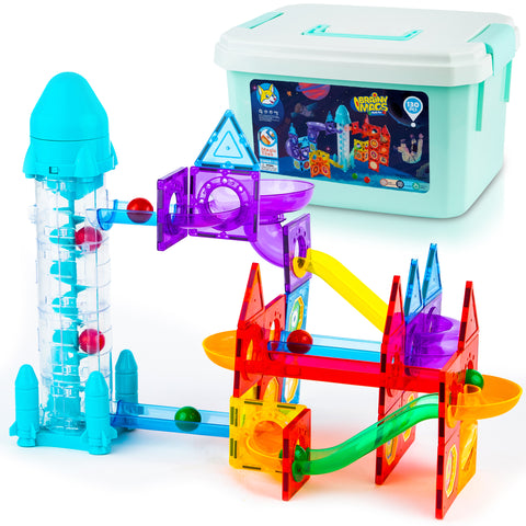 Magnetic Marble Run for Kids Ages 3 & Up - 130-Piece Magnetic Tiles with Rocket Elevator, Space-Themed STEM, with Stickers & Storage Case