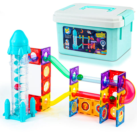 Magnetic Marble Run for Kids Ages 3 & Up - 72-Piece Magnetic Tiles with Rocket Elevator, Space-Themed STEM, with Stickers & Storage Case