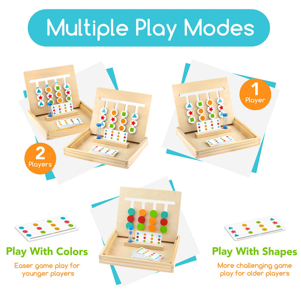 Play Brainy™ 2 Player Four-Color & Shape Puzzle Game – 22 Pieces (Educational Montessori Toy for Kids) Logic Puzzle for Shape & Color Sorting, Made of Wood