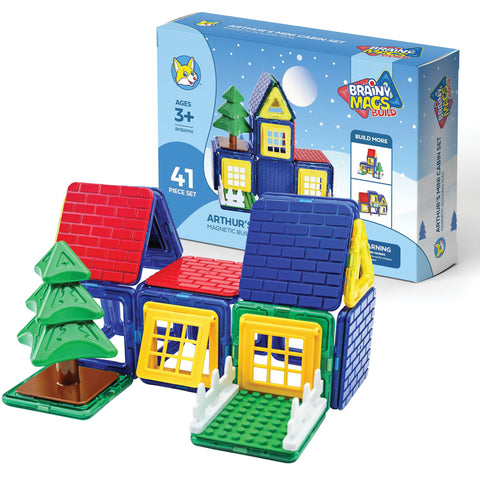 BRAINY MAGS BUILD Kids Building Set - Arthur's Mini Cabin Set  with 41-Piece Magnetic Building Tiles