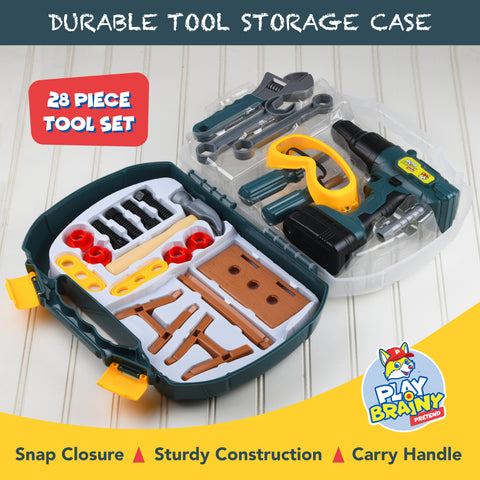 Play Brainy Pretend Kids Tool Kit with Toolbox, 28 Pc. Set